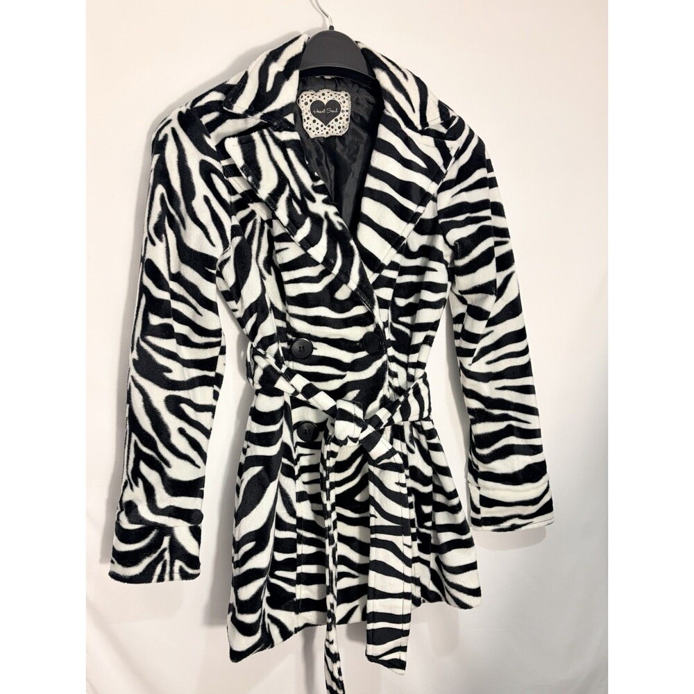 Heart Soul Black & White Zebra Print Belted Coat Women’s Sz Small